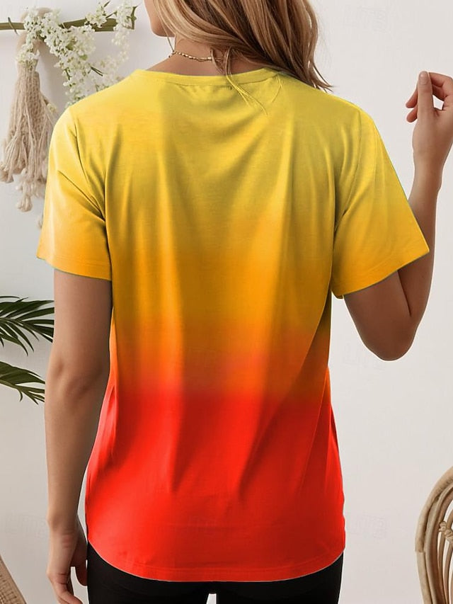 Women's T shirt Casual Ombre Round Neck Yellow Red Gradient