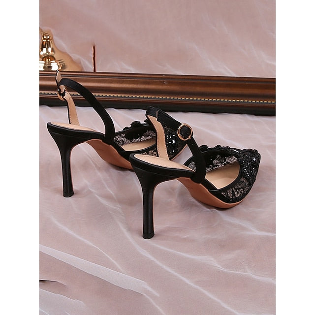 White Slingback Heel Kitten Pointed-Toe Pearl-Embellished with