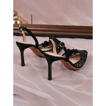 White Slingback Heel Kitten Pointed-Toe Pearl-Embellished with