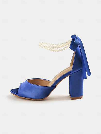 Block Heel Pearl Women's Sandals Ankle Satin Peep-Toe with