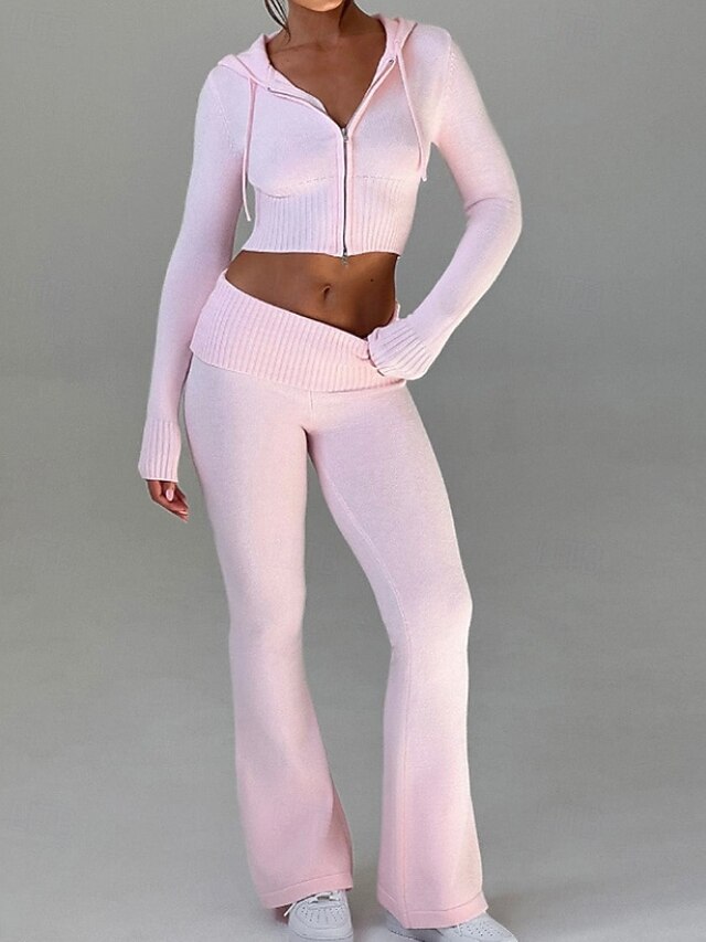 Women's Pants Sets Bolero Top Long Sleeve Hooded Plain