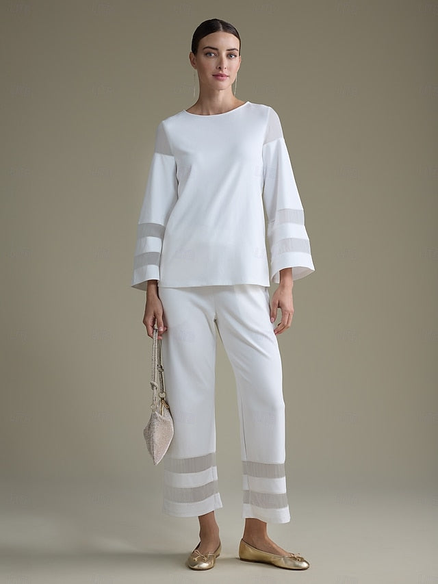 Women's Elegant White Modal Top Fitted with Sheer Chiffon
