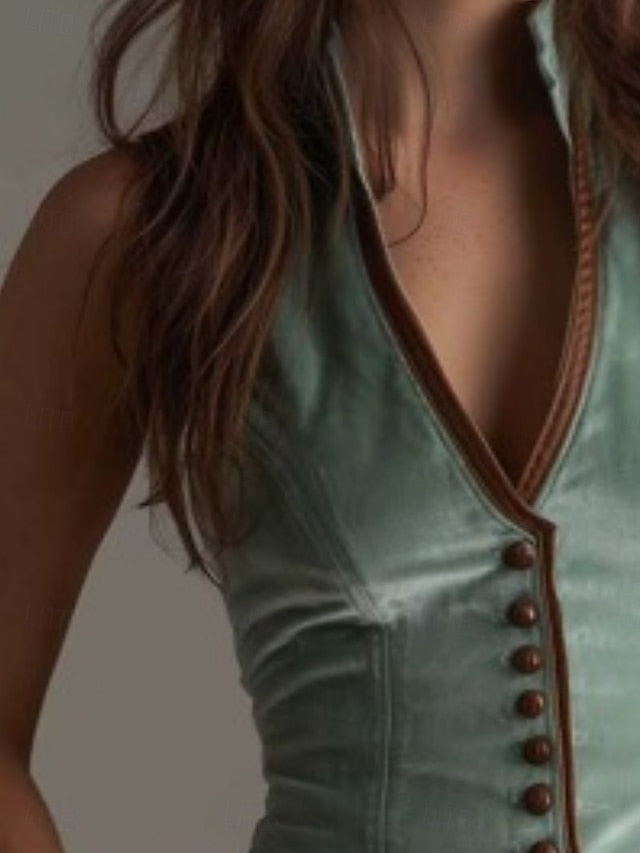 Women's Blouse Sleeveless Shirt Buttons Color Block Stylish