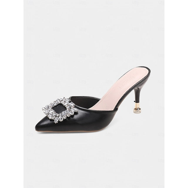 with Toe Light Blue Pointed Mules Women's Crystal Buckle