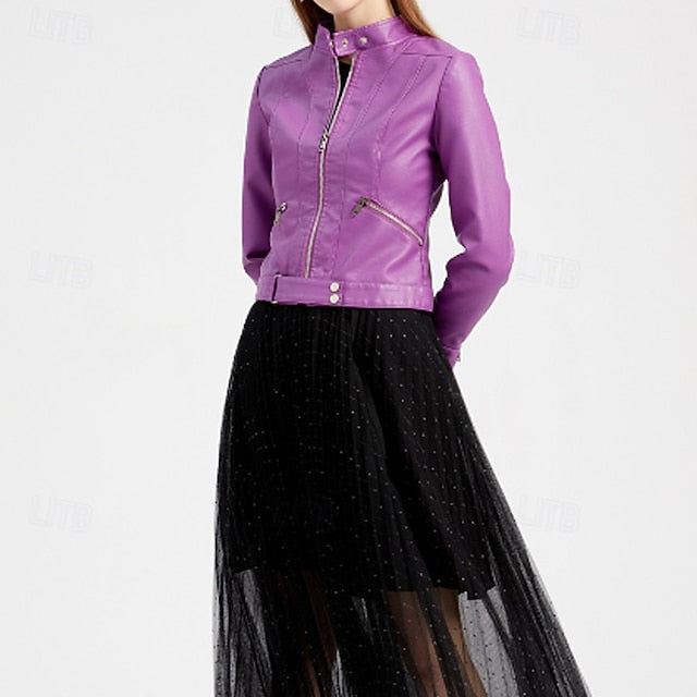 Faux Zipper Jacket Pocket Leather Women's Comfortable