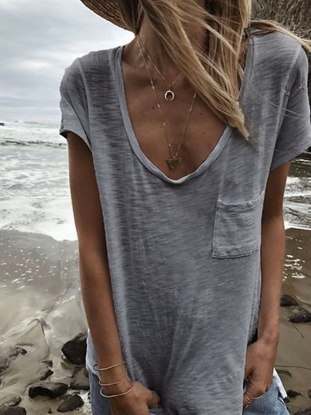 Women's T Shirt Pocket Plain Basic Short Sleeve V Neck