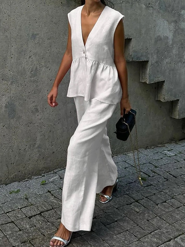 Women's Pants Sets Bolero Top Sleeveless V Neck Plain