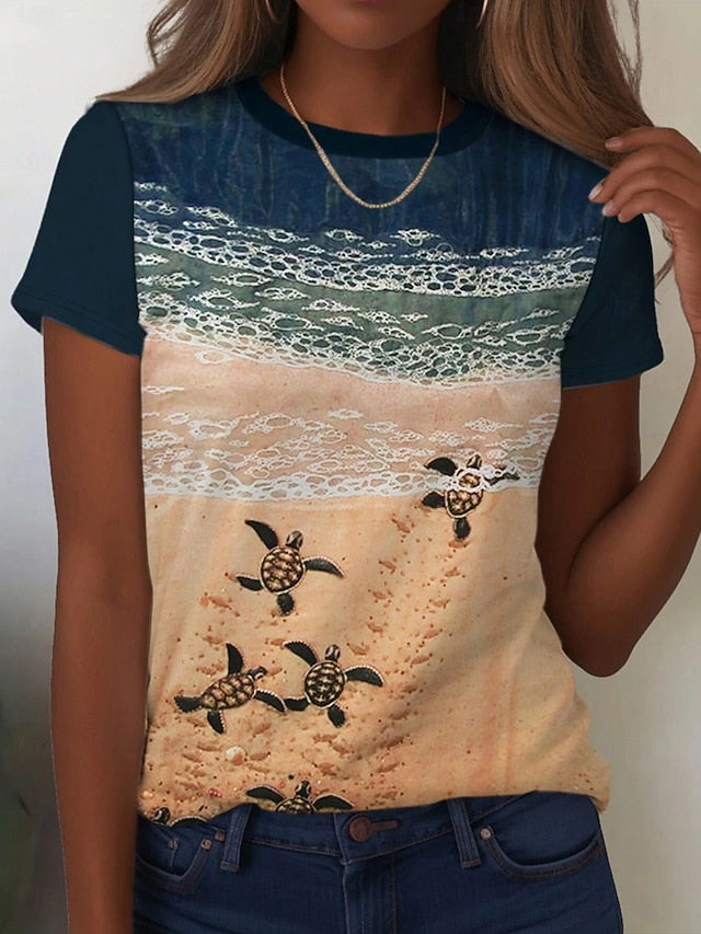 Women's T Shirt Print Ocean Casual Short Sleeve Round Neck
