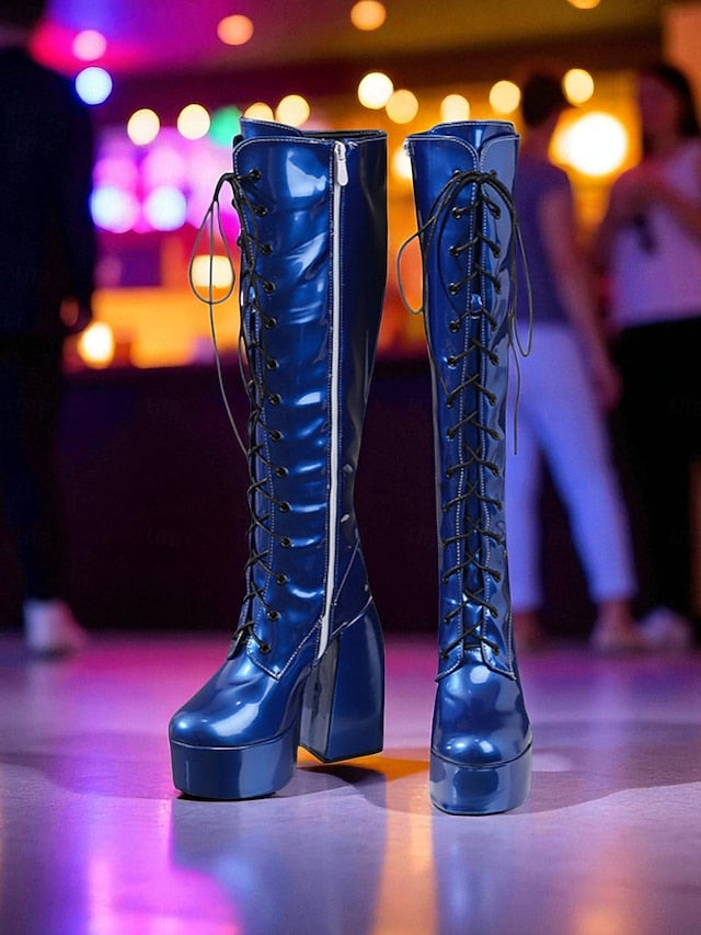 Platform Metallic High Knee Women's Silver Lace-Up - Boots