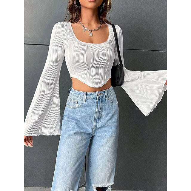 Women's Blouse Solid Color Stylish Casual Long Sleeve U