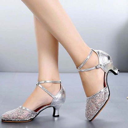 Shoes – Dance Low Mesh Lace Latin Heel Silver Women's