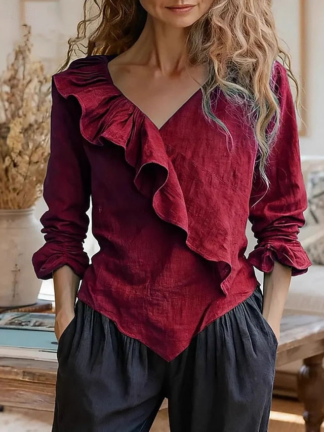 Women's Blouse Ruffle Patchwork Plain Vintage Stylish Long