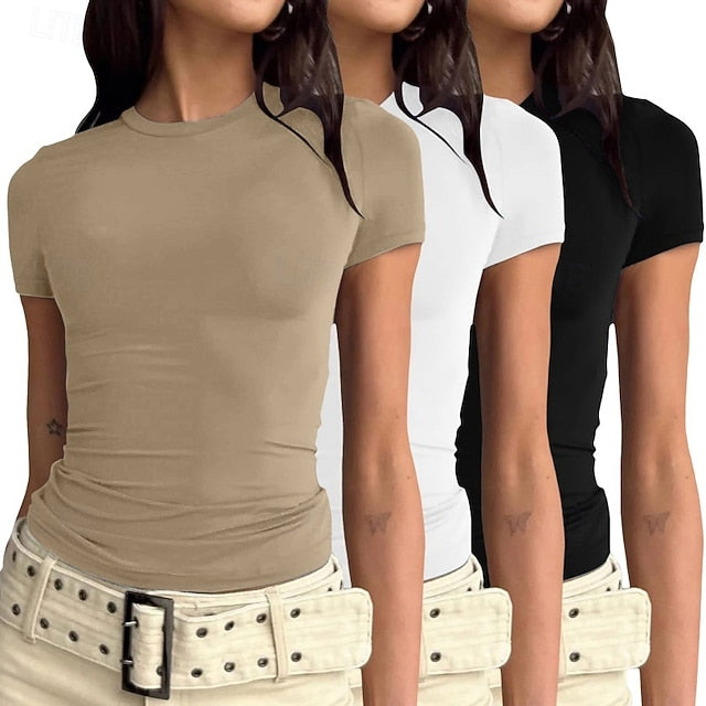 Multi Packs 3pcs Female Crew Neck Short Sleeve Black+white+grey