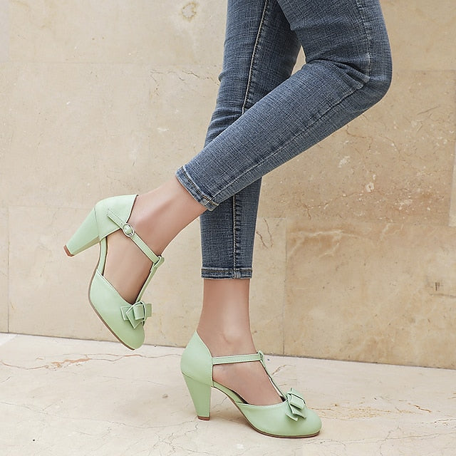 Mint Retro – Bow with 1950s T-Strap Vintage Chunky Green Heels