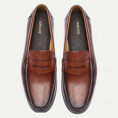 Leather Shoes Brown Penny Slip-On Loafers with Men's