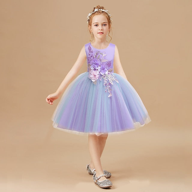 Blue Purple Blushing Dress Kids Lace Floral Girls' Party
