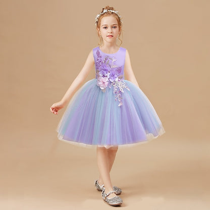 Blue Purple Blushing Dress Kids Lace Floral Girls' Party