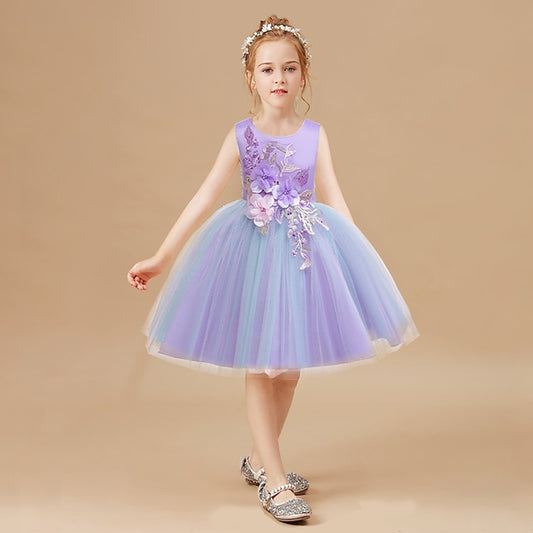 Blue Purple Blushing Dress Kids Lace Floral Girls' Party