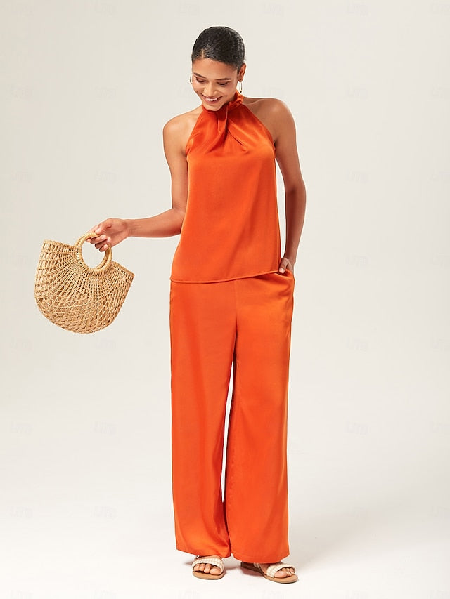 Orange Stand Collar Wide Leg Pants Set