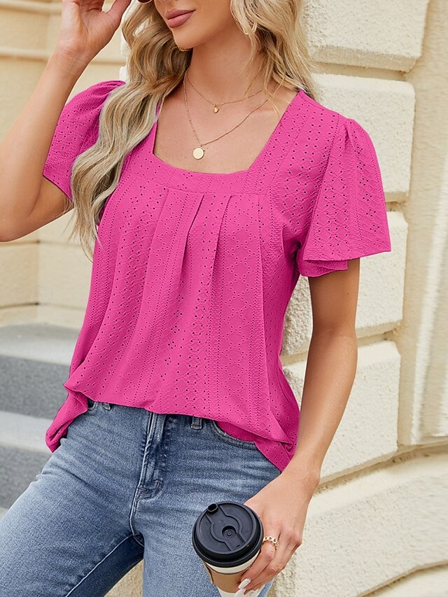 Women's Blouse Eyelet Solid Color Stylish Casual Short