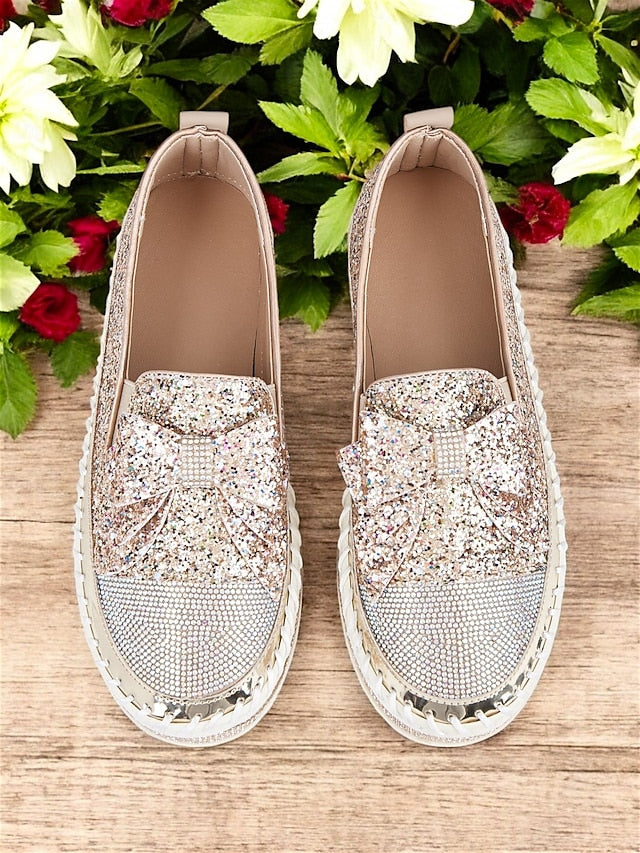 Women – Rhinestone Loafers Sparkling for Slip-On Glittery