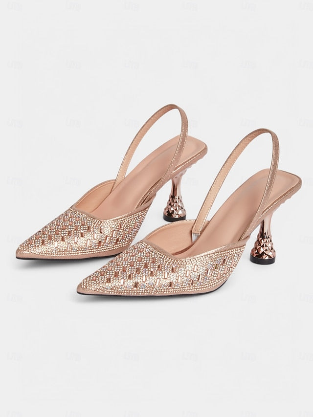 Slingback Heels with Gold Geometric Women's Rhinestone Rose