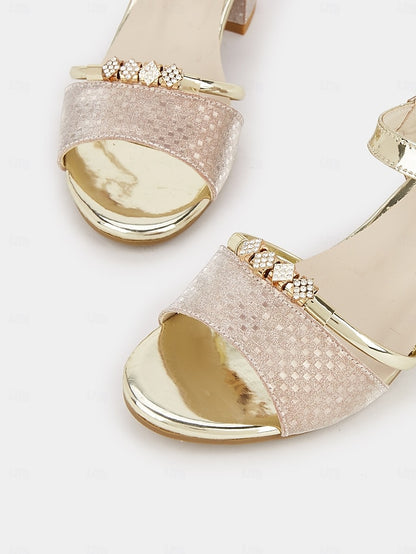 Heel – Block for Women Sandals Rhinestone-Embellished Gold