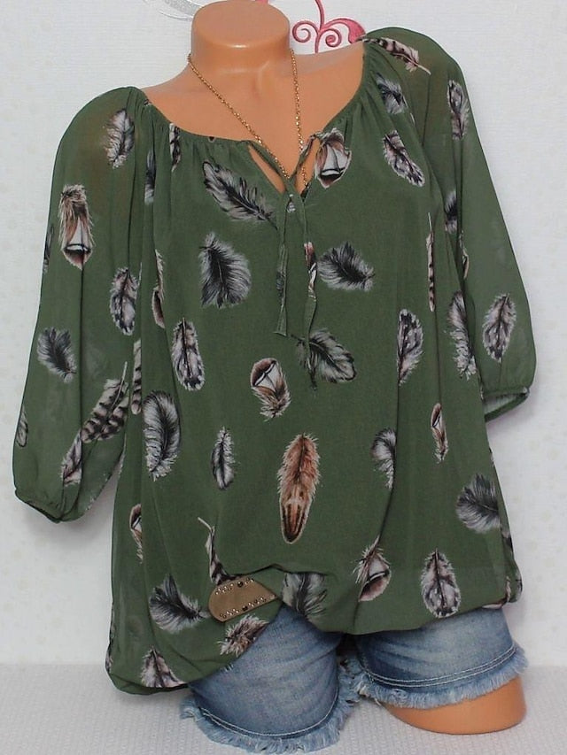 Women's Bohemian Blouse Feather Print Long Sleeve V-Neck
