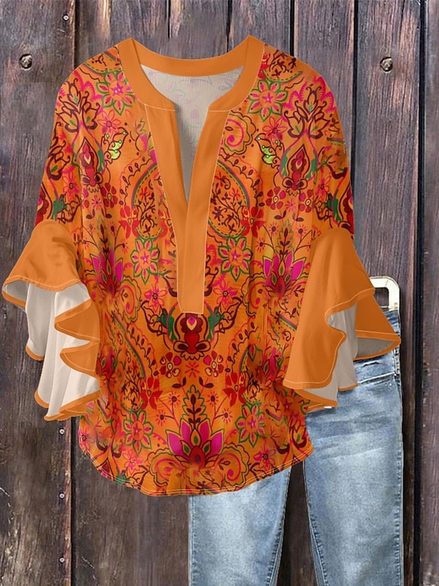 Women's Blouse Ruffle Print Floral Stylish Modern 3/4