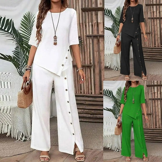 Women's Pants Sets Half Sleeve Round Neck Solid Color