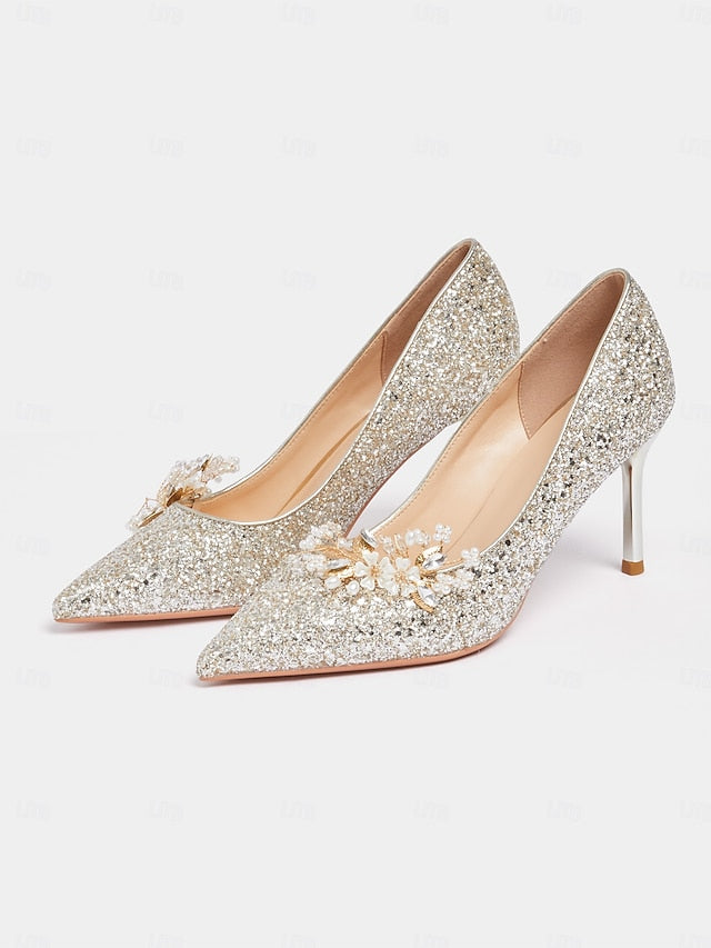 Women's Floral Heels Stiletto Silver with Glitter