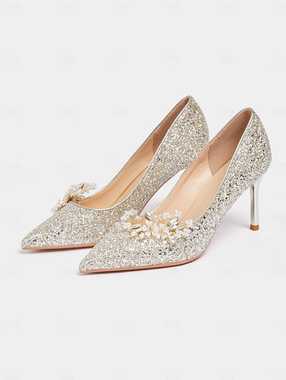 Women's Floral Heels Stiletto Silver with Glitter