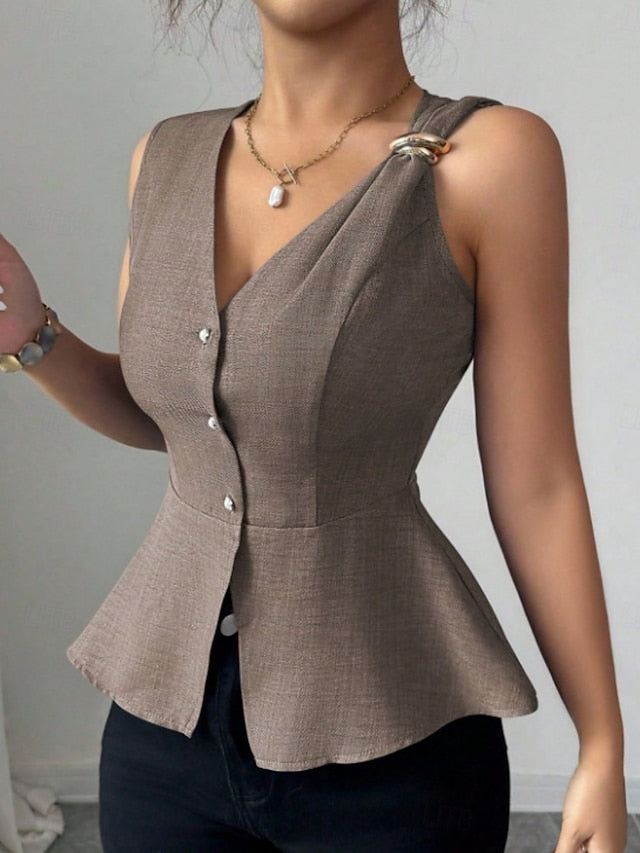 Women's Shirt Blouse Sleeveless Shirt Buttons Plain Stylish