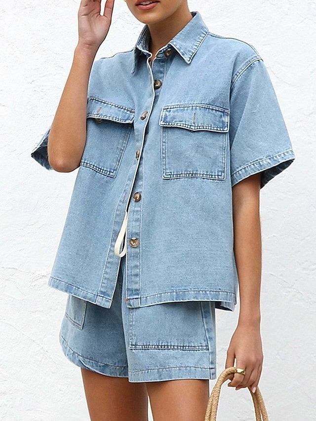 Women's Shorts Sets Bolero Top Short Sleeve Shirt Collar