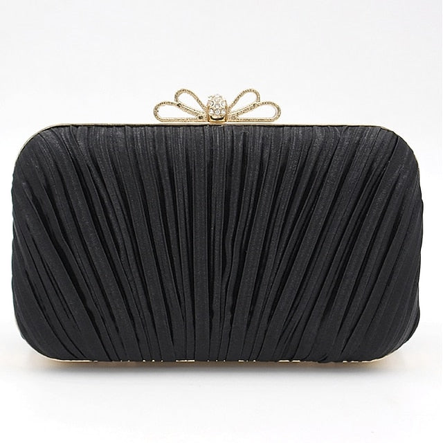 Bow Pleated Clutch Elegant Bag White Rhinestone Women's –