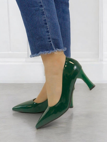 Green Leather Glossy Pumps Patent Heel Faux Block Pointed-Toe