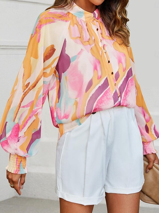 Women's Blouse Buttons Print Graphic Color Block Stylish