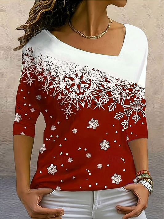 Christmas Women's T Shirt Print 3/4 Sleeve Scoop Neck