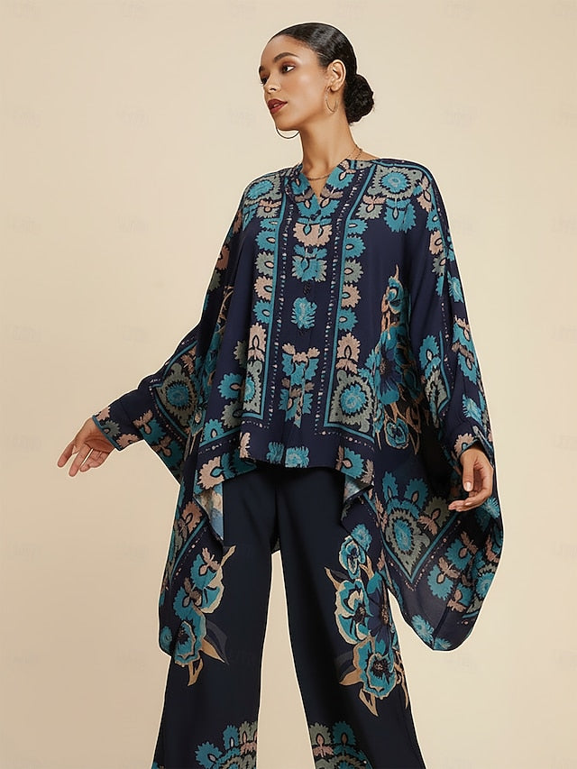 Women's Blouse Chiffon Ethnic Floral Placement Hawaiian