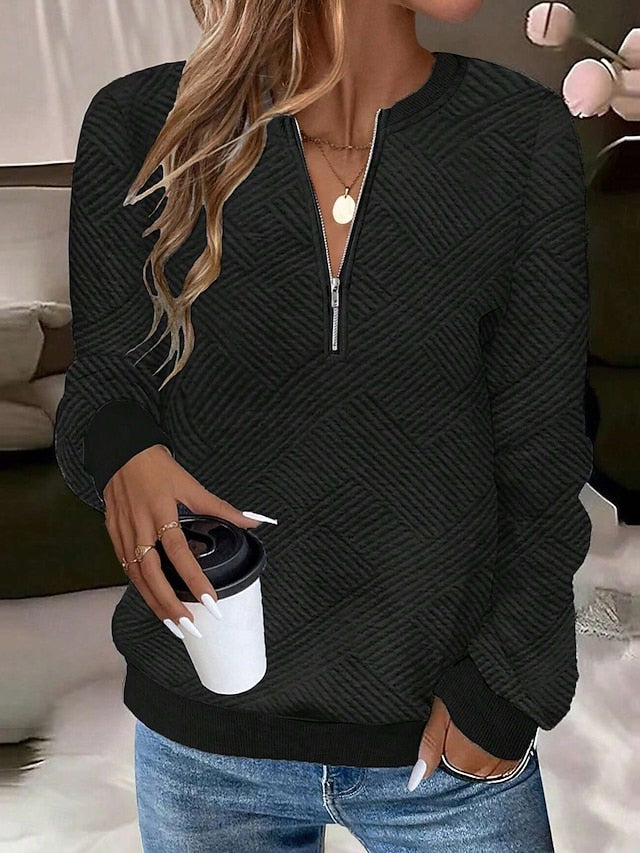Women's Texture Sweatshirt Quarter Zip Sweater Casual Plain