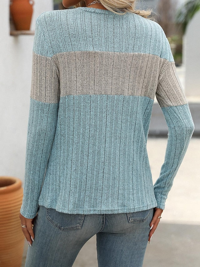Women's Sweater Stylish Color Block Ribbed Crew Neck Print