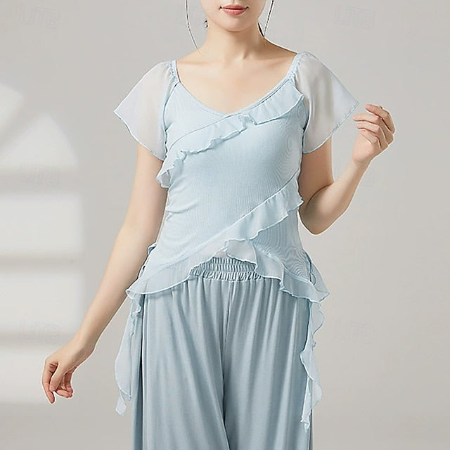 Activewear Top Ruffles Pure Color Splicing Women's