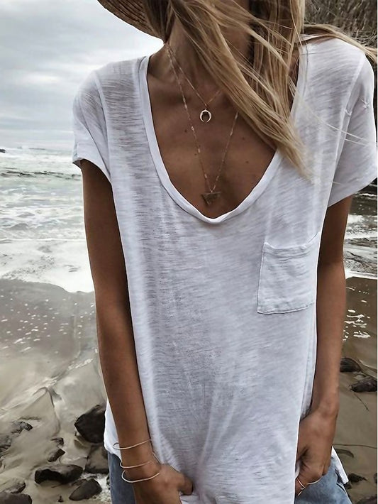 Women's T Shirt Pocket Plain Basic Short Sleeve V Neck