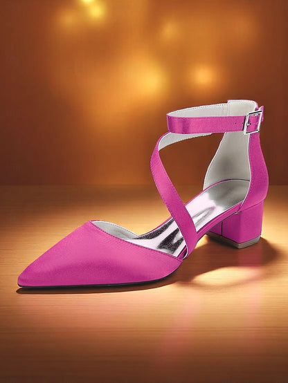 Pointed Toe Satin Champagne Block Heels - Women's