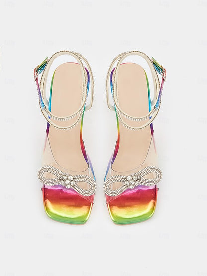 Heel with Clear High Colorful Crystal Detail Heels Rainbow Bow -