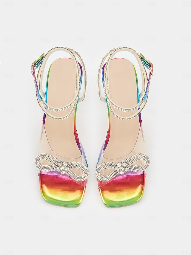 Rainbow Colorful Detail Clear Heels Heel - Bow High with Crystal