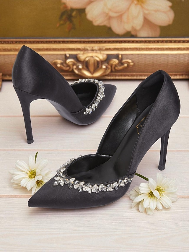 Crystal Toe Embellishment with Pointed Satin Women's Heels