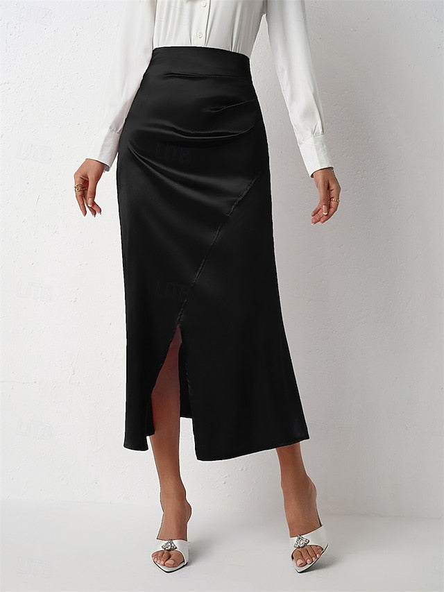 Women's Satin Skirts Elegant Vintage Fashion Casual Midi