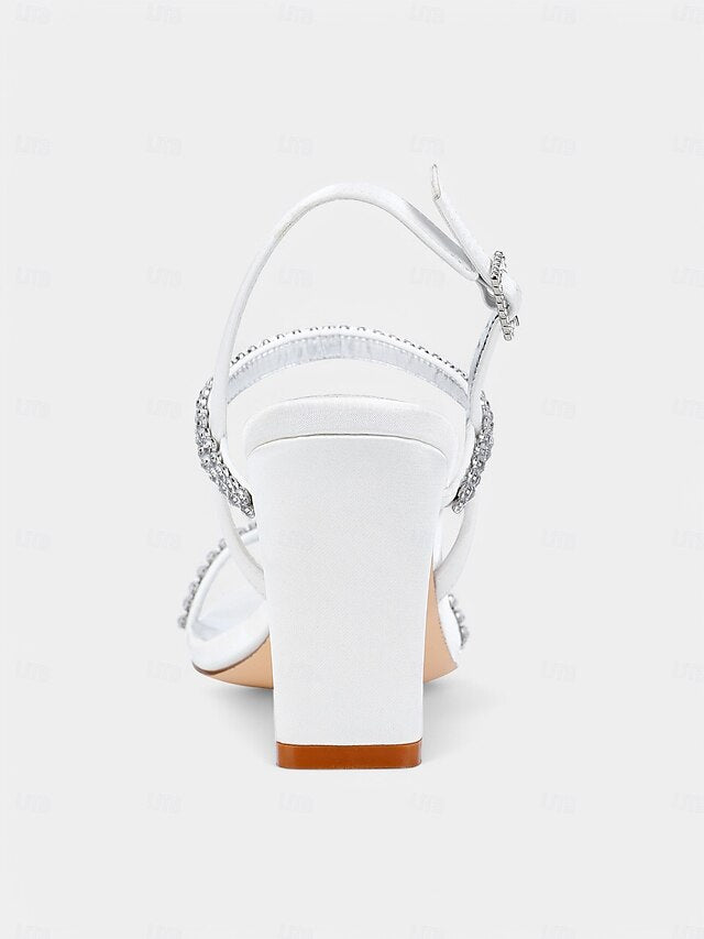 – Bridal Women's Heel Rhinestone Prom Sandals Block White