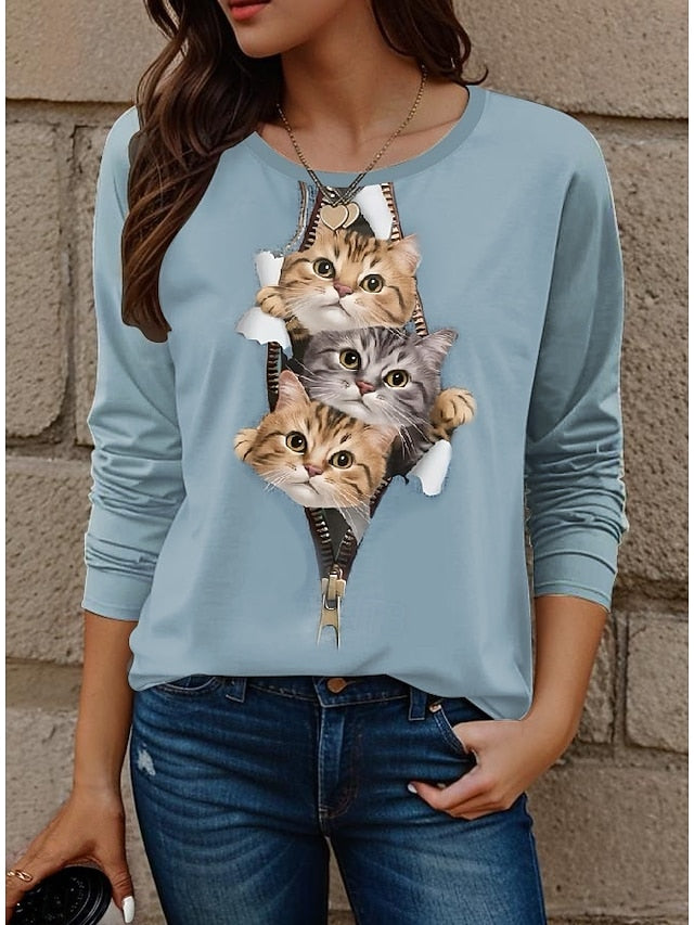 Women's T shirt Crew Neck Long Sleeve Tunic Cat Modern